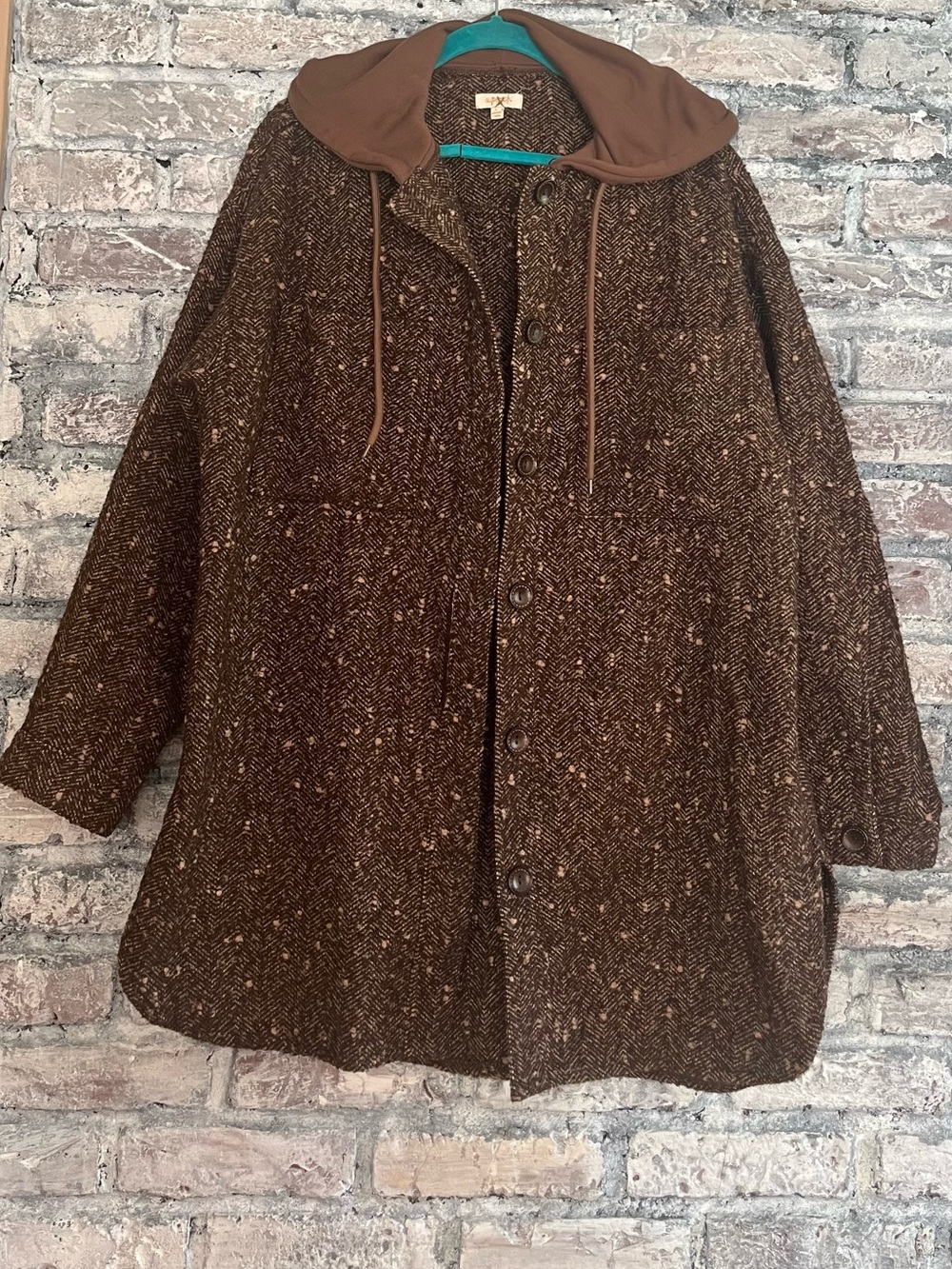 Anthropologie Wool Blend Brown Tweed Hooded Button Front Shackett fall layering